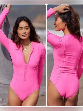 Good American Hot Pink Long Sleeve Zip Front One-Piece Swimsuit